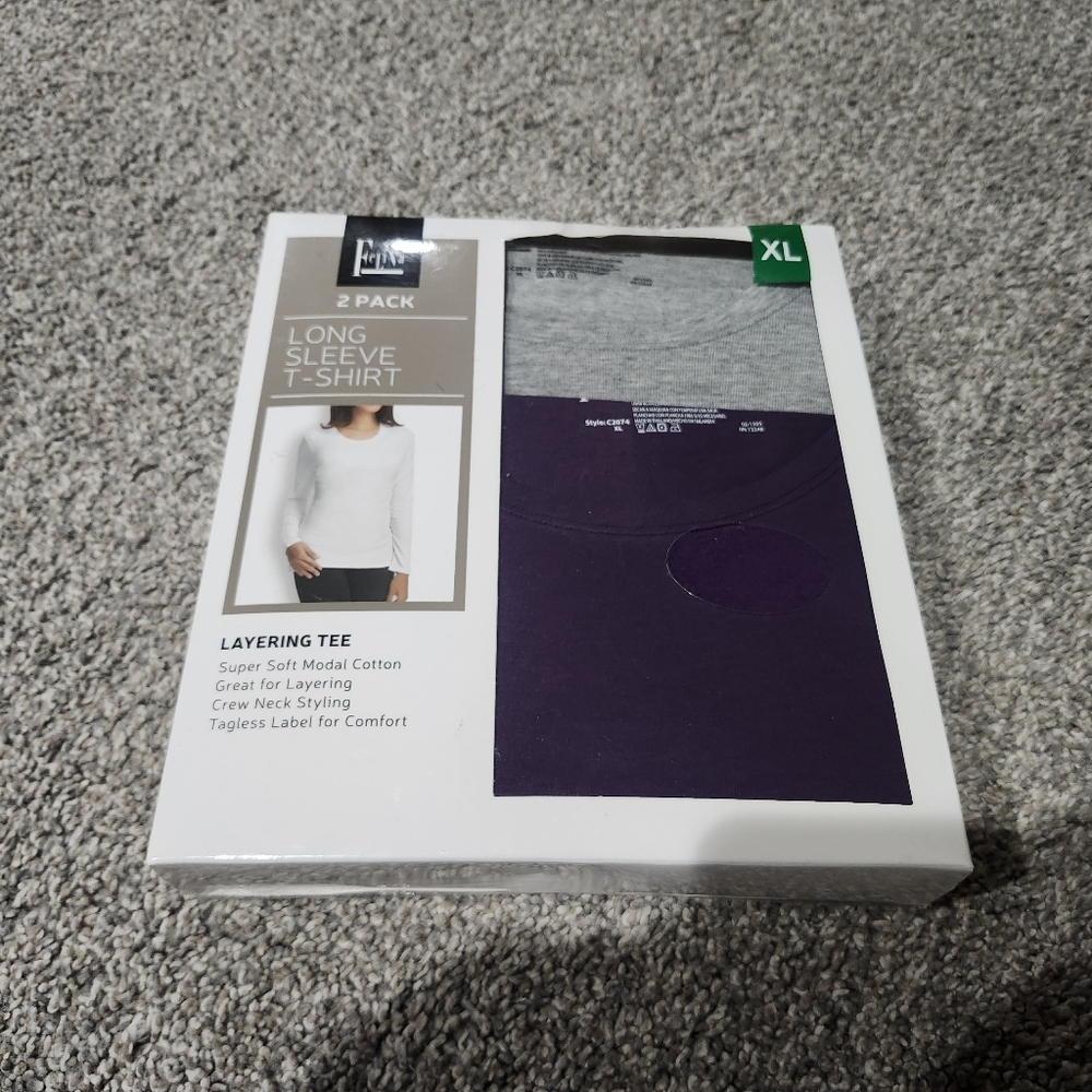 Felina 2-Pack Long Sleeve Tees - Purple & Heather Gray Size XL New